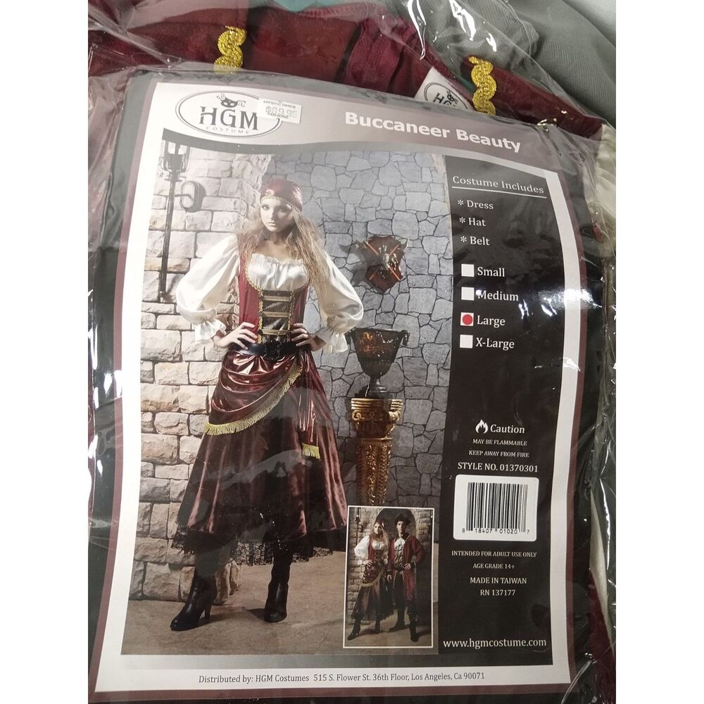 HGM Buccaneer Beauty Pirate Costume Women Large Dress Hat Belt Adult Size L